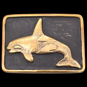 Vintage Rainbow Metals Orca Killer Whale Bronze Belt Buckle Blue Oval Vintage orca whale - Gem main image 2