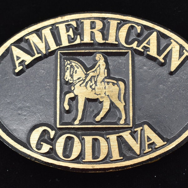 American Godiva Naked Horse Rider  - Belgian Chocolatier Chocolates - Vintage Solid Brass Belt Buckle - Dynabuckle