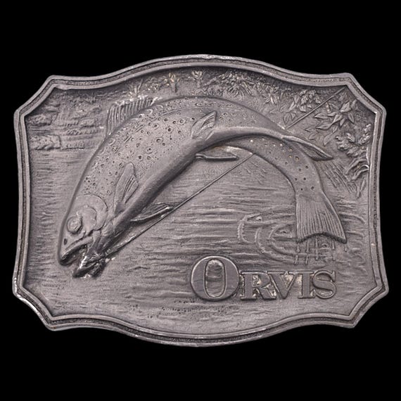 Orvis Fly Fishing Trout Fisherman James Lind Artwork Vintage Belt Buckle Wyoming Studio [1975]