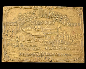 Jack Daniels Whiskey Distillery Rare Version in Solid Brass Vintage Belt Buckle by BBB Baron [ca. 1970s]