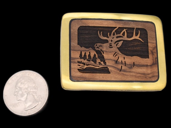 Solid Brass Olive Tree Wood Elk Nature Scene Wilderness Trinity Buckle Co. Vintage Belt Buckle View 3