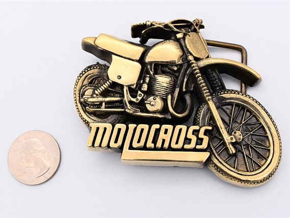 Solid Brass Motocross Dirt Bike 1970s 1980s Vintage Belt Buckle