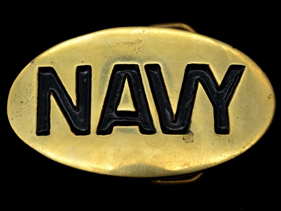 Navy Solid Brass 1970s Vintage Belt Buckle - image 1