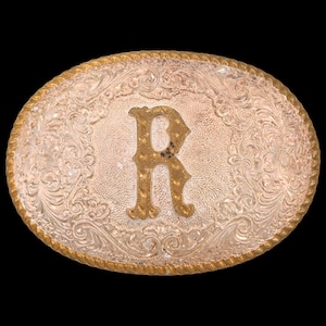 Letter R Western Floral Paisley Vintage Belt Buckle - Crumrine Made in USA