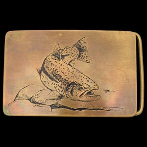 Solid Brass Trout Fishing Fly Etching Vintage Belt Buckle by Ampersand Brass [ca. 1970s-1980s]