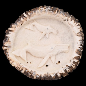 Antler Carving Humpback Whale & Calf Burr Rosette Crown Vintage Belt Buckle