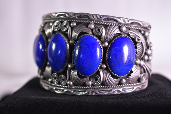 Sterling Silver Lapis Lazuli Stone Cabochon Flora… - image 5
