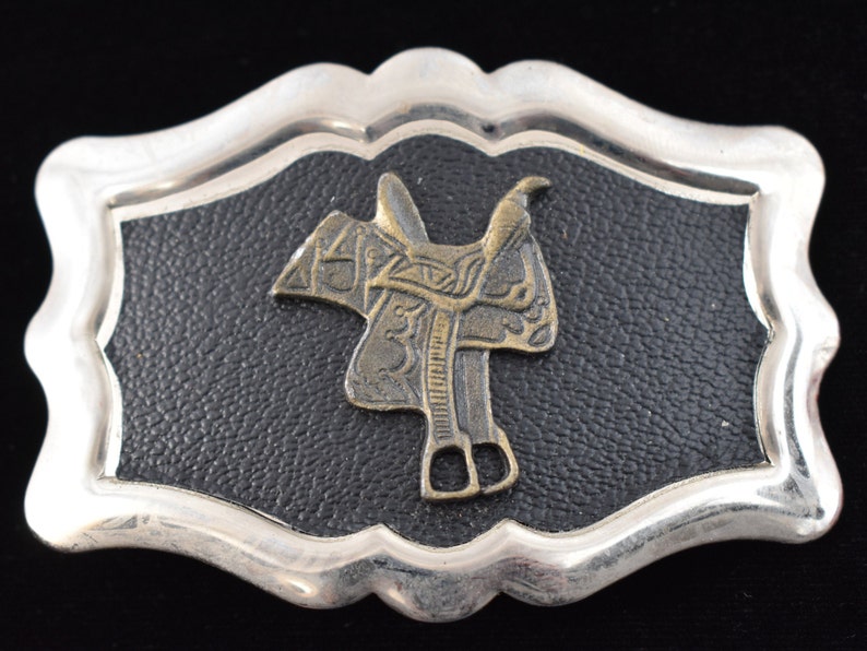 Nickel Silver Country Western Leather Saddle Vintage Belt Buckle