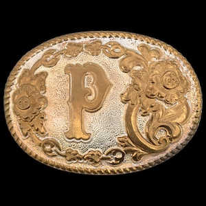 Letter P Western Paisley Vintage Belt Buckle - Crumrine Made in USA