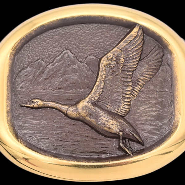 Solid Bronze Goose Steven Knight SLK Wildlife Artist 1980s Vintage Belt Buckle W/Box