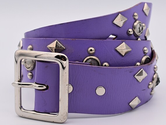 Purple belt with silver studs WOMENS STYLISH ELASTIC BELT HIP FAUX LEATHER SILVER BUTTONS  main image 4