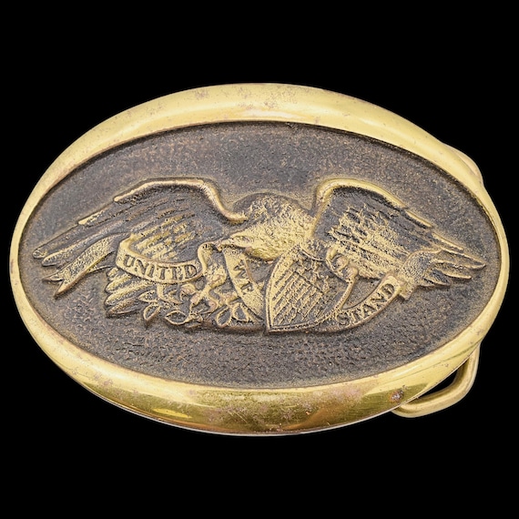 United We Stand Patriotic American Eagle Solid Brass Vintage Belt Buckle by Heritage Mint [1976]