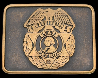 Washington State Patrol Police Troopers Law Enforcement Solid Brass Vintage Belt Buckle by Anacortes Brass Works [1978]