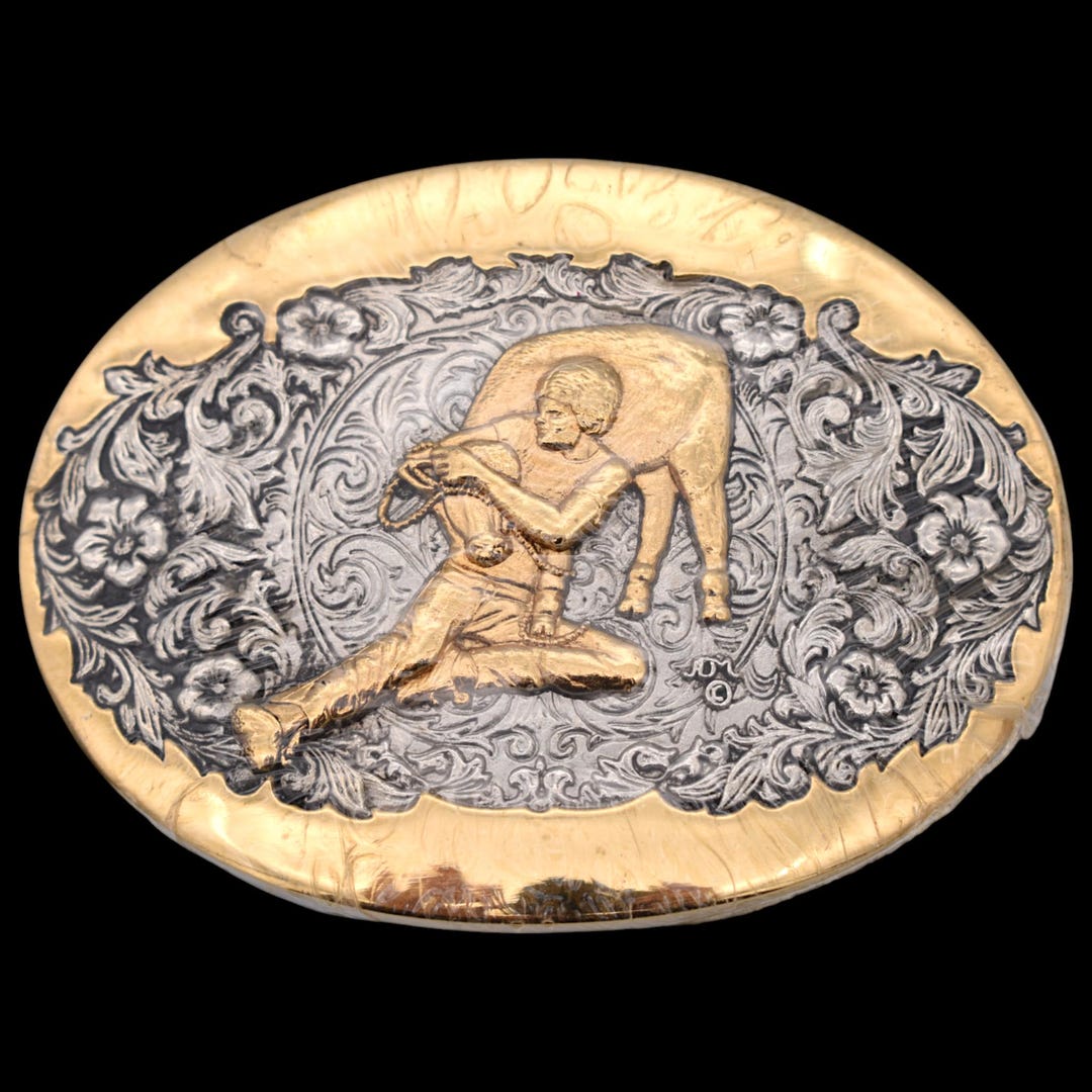 Calf Roping Gold & Silver Plate 1980s Vintage Belt Buckle by Award ...