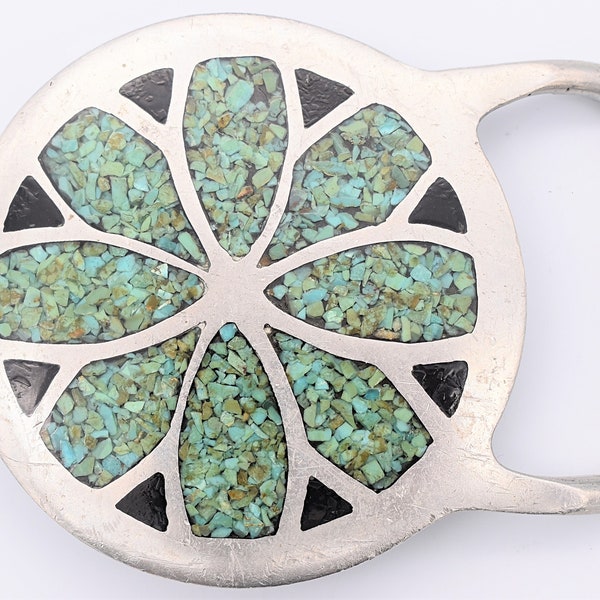Southwestern Crushed Stone Inlay Kaleidoscope Pinwheel Pewter Vintage Belt Buckle