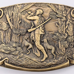 Solid Brass Hunting Dogs Horn Fox Rabbit Hunt 1970s Vintage Belt Buckle