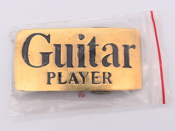 Solid Brass Guitar Player Vintage Belt Buckle - image 3