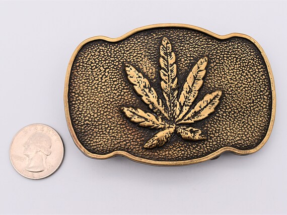 Solid Brass Marijuana Pot Leaf Vintage Belt Buckle - image 3