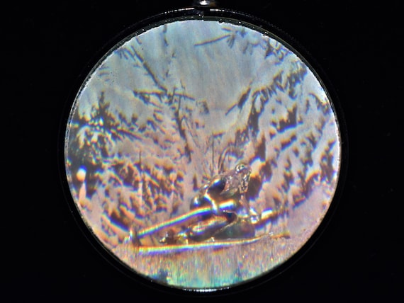 Hologram Skier Snow Mountain Scene Pendant Necklace ~ VINTAGE 3D Glass Hologram