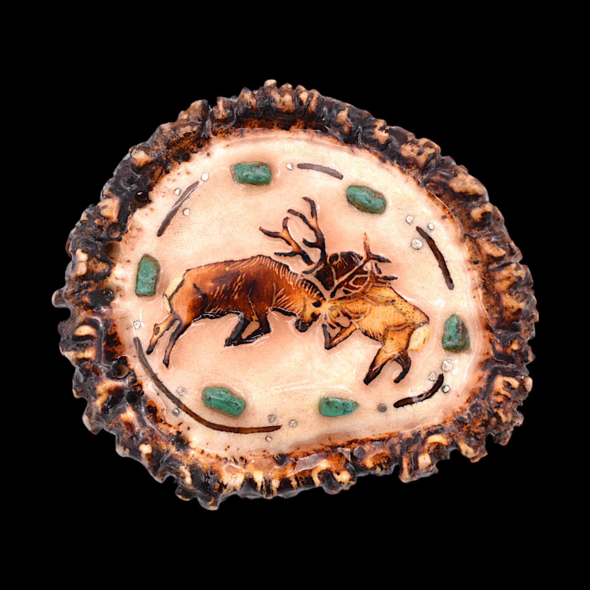 Rosette De Bride Ancienne – Bull Elk 2 – Laiton Et Verre – Americana Western