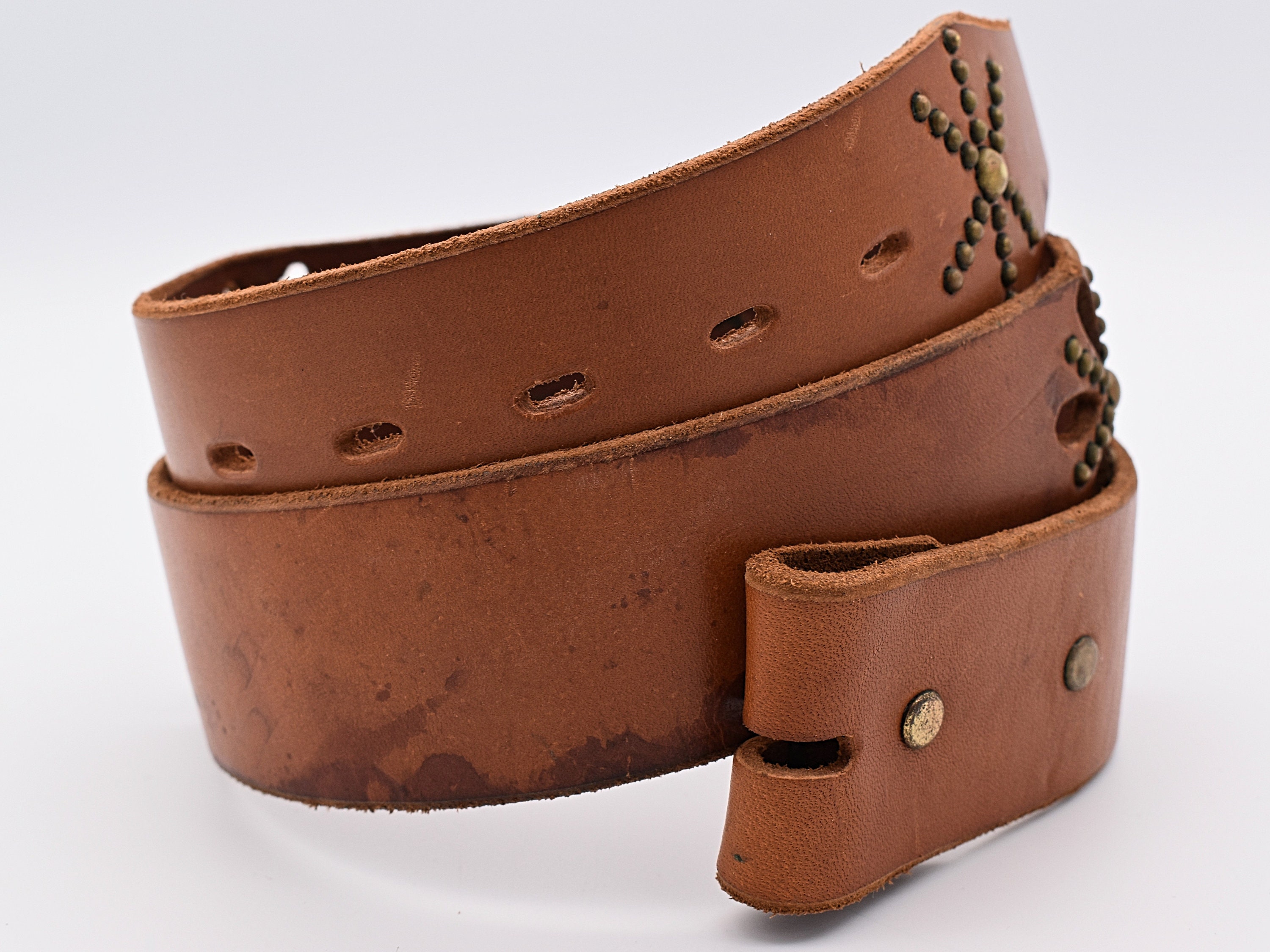 Vintage Leather Belt Size 34 ~ Distressed Brass Stud