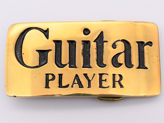 Solid Brass Guitar Player Vintage Belt Buckle - image 1