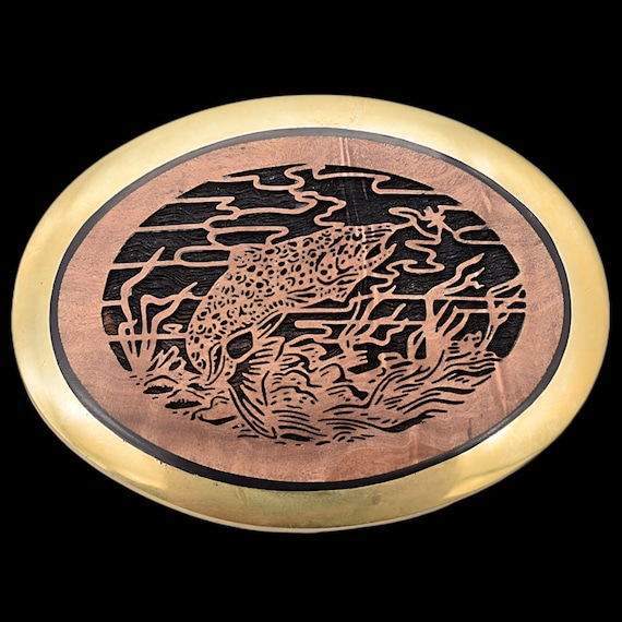 Jumping Trout Fisherman Fly Fishing 1970s Engraved Olive Wood Solid Brass  Vintage Belt Buckle -  Canada