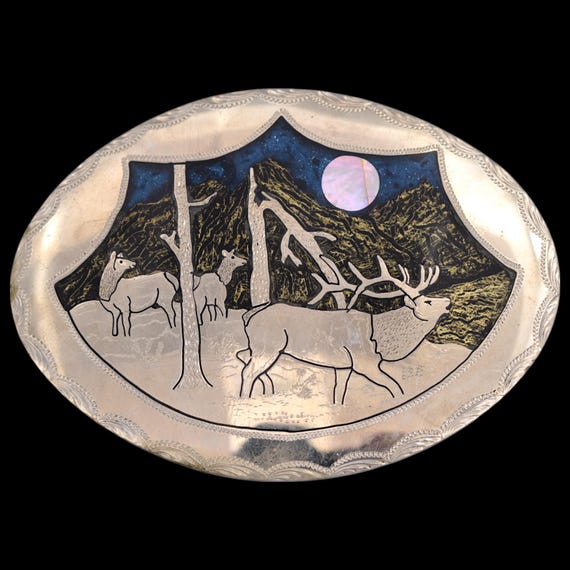 Elk Bull & Cows Engraved Western Vintage Belt Buckle