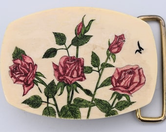 Roses Hand Carved Painted Acrylic Vintage Belt Buckle