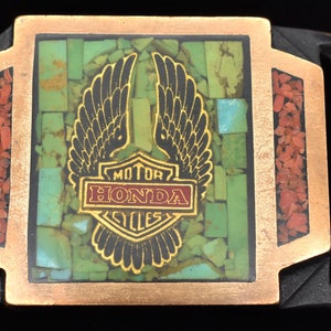 Tech Ether Guild Honda Motorcycles Solid Brass Stone Inlay Vintage Belt Buckle