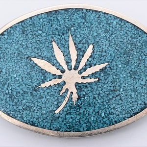 Marijuana Pot Leaf Crushed Stone Resin Inlay Vintage Belt Buckle