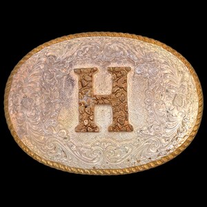 Letter H Western Floral Paisley Vintage Belt Buckle - Crumrine Made in USA