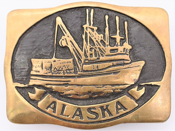 Solid Brass Alaska Fishing Vessel Purse Seine Commercial Salmon Boat 1990s  Vintage Belt Buckle 