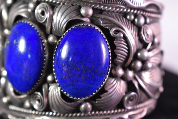 Sterling Silver Lapis Lazuli Stone Cabochon Flora… - image 6