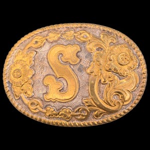 Letter S Western Engraved Vintage Belt Buckle - Crumrine Made in USA