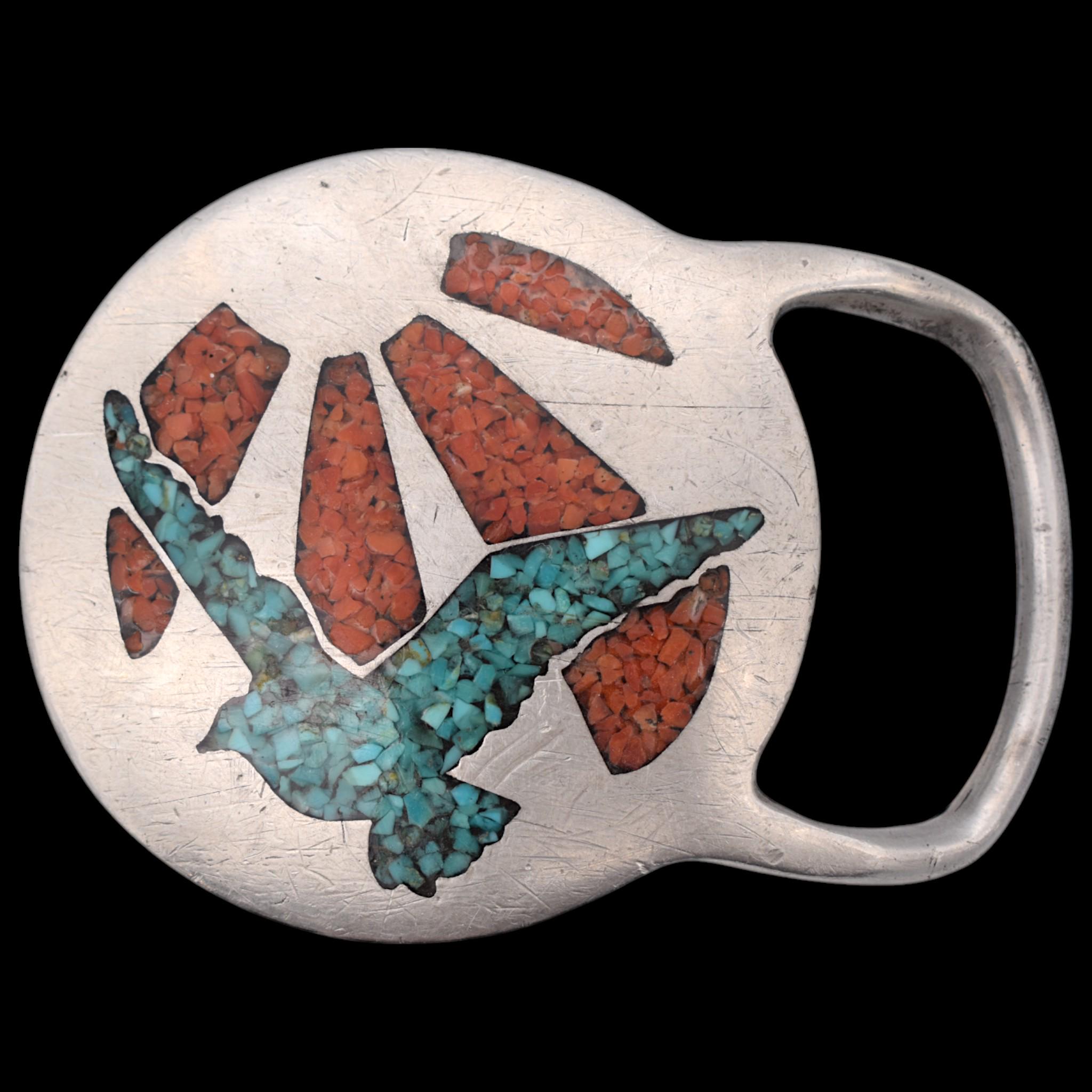 Sun Rays Gull Bird Turquoise & Red Coral 1970s Vintage Belt Buckle by Rainbow Jewelry/IMC