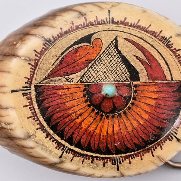 Southwestern Totem Mata Ortiz Artwork Handmade Painted Feather Radial Vintage Belt Buckle