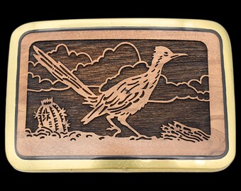 Roadrunner Desert Scene Cactus Solid Brass & Olive Tree Wood Vintage Belt Buckle