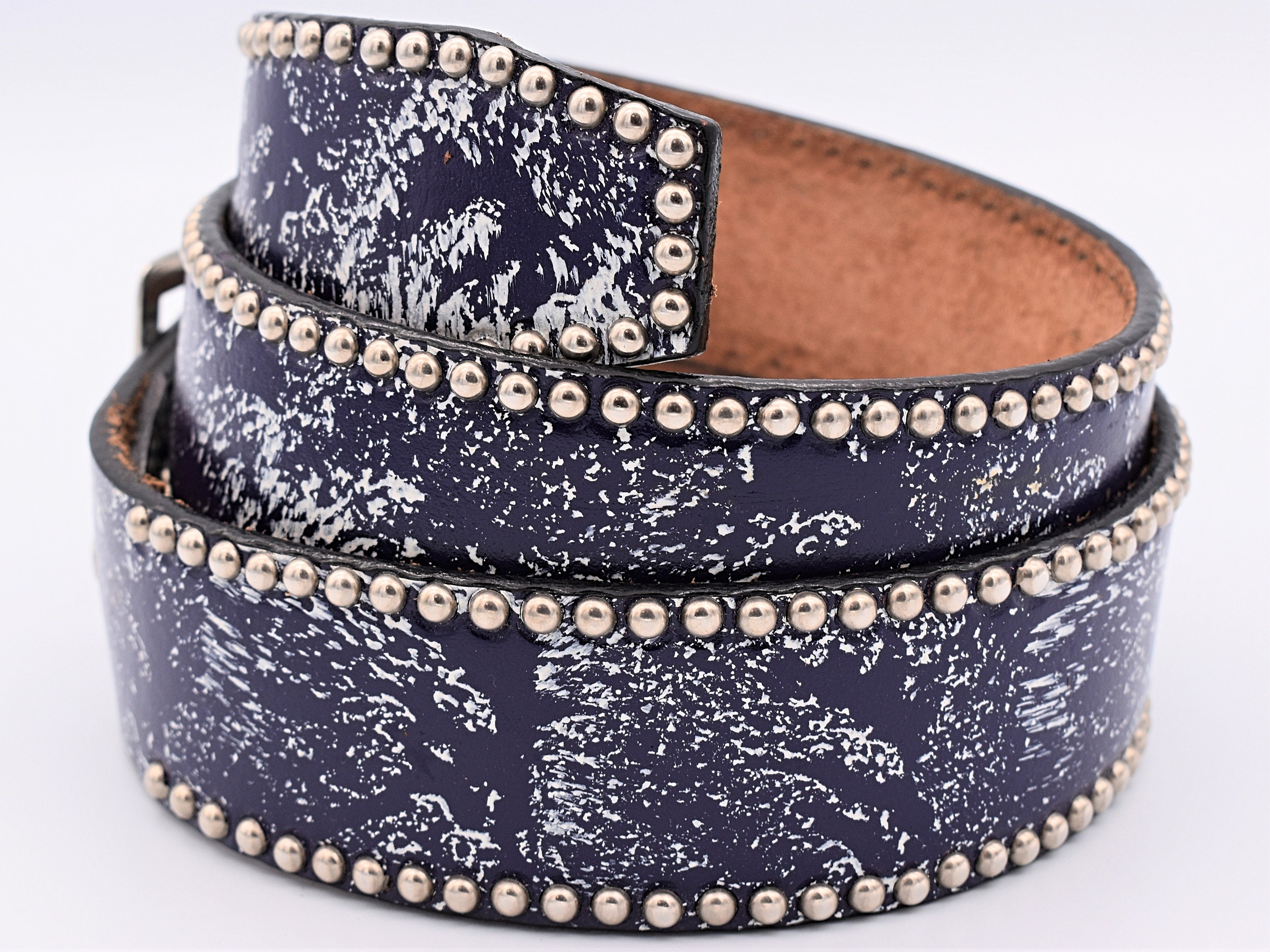 Genuine Leather Belt Size 34 ~ Dark Blue Speckle Metal Studs  display picture 1