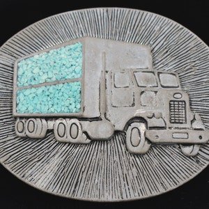 Semi Trucker Box Truck Turquoise Pewter Vintage Belt Buckle