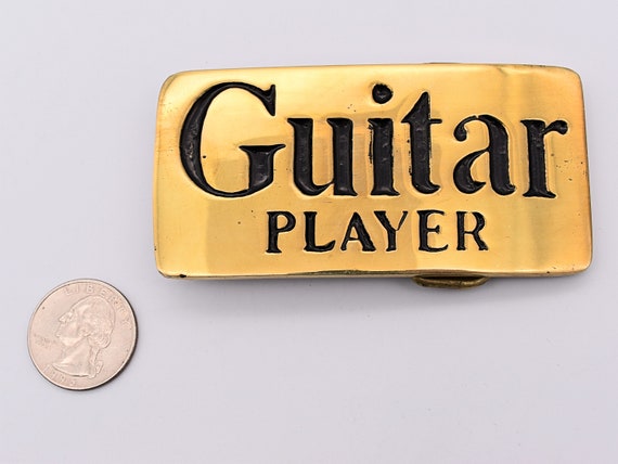 Solid Brass Guitar Player Vintage Belt Buckle - image 5