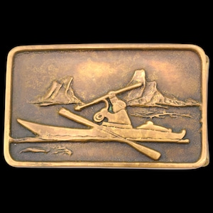 Alaska Native Kayak Seal Hunter Spear Solid Brass 1970s Vintage Belt Buckle by Anacortes Brass Works