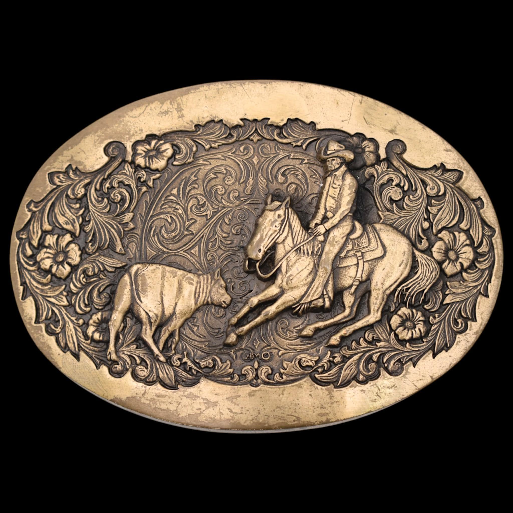 Solid Brass Calf Roping Cowboy Rodeo Vintage Belt Buckle by Award Design Medals