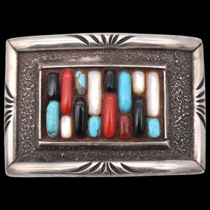 Tufa Sterling Silver Stone Mosiac Turquoise Coral MOP Onyx Vintage Belt Buckle