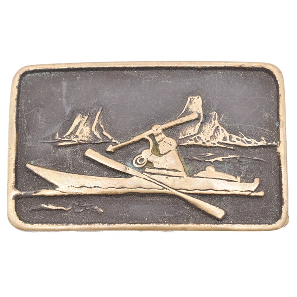 Alaska Native Kayak Seal Hunter Spear Solid Brass Anacortes Brass Works 1970s Vintage Belt Buckle