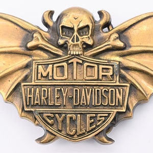 Solid Brass Harley Davidson Winged Skull and Crossbones Punk Metal Biker 1970s Vintage Belt Buckle