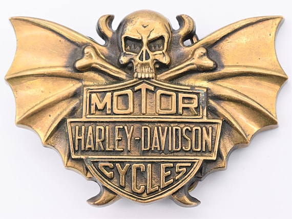 Solid Brass Harley Davidson Winged Skull and Crossbones Punk
