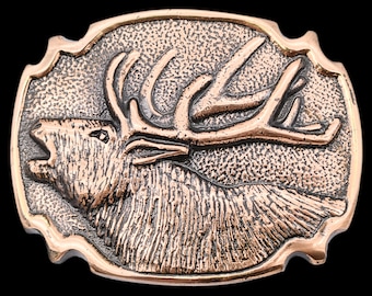 Solid Brass Elk Bugle Rut Stag 1980s Buckler Israel Vintage Belt Buckle