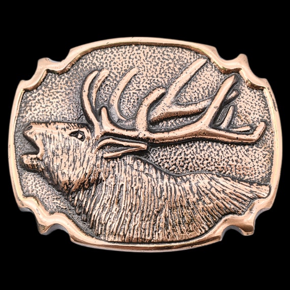 Solid Brass Elk Bugle Rut Stag 1980s Buckler Israel Vintage Belt Buckle