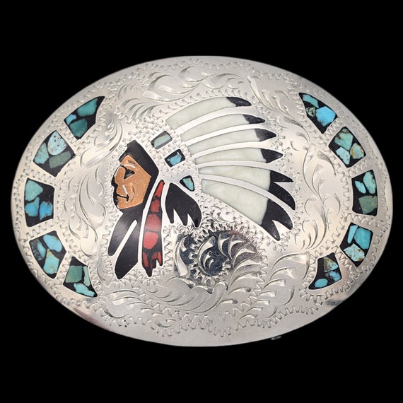 Belt Buckle Metal Abalone Inlay Indian Chief Head Native American Johnson & Held Indian Chief Abalone & Turquoise Inlay  main image 4
